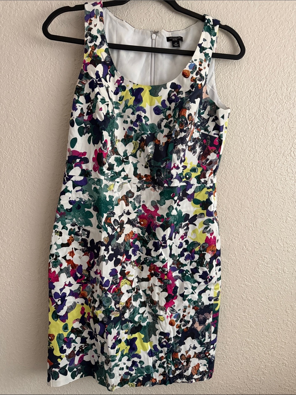 Ann Taylor White Floral Sheath Dress with Green, Purple, Pink and Yellow Accents
